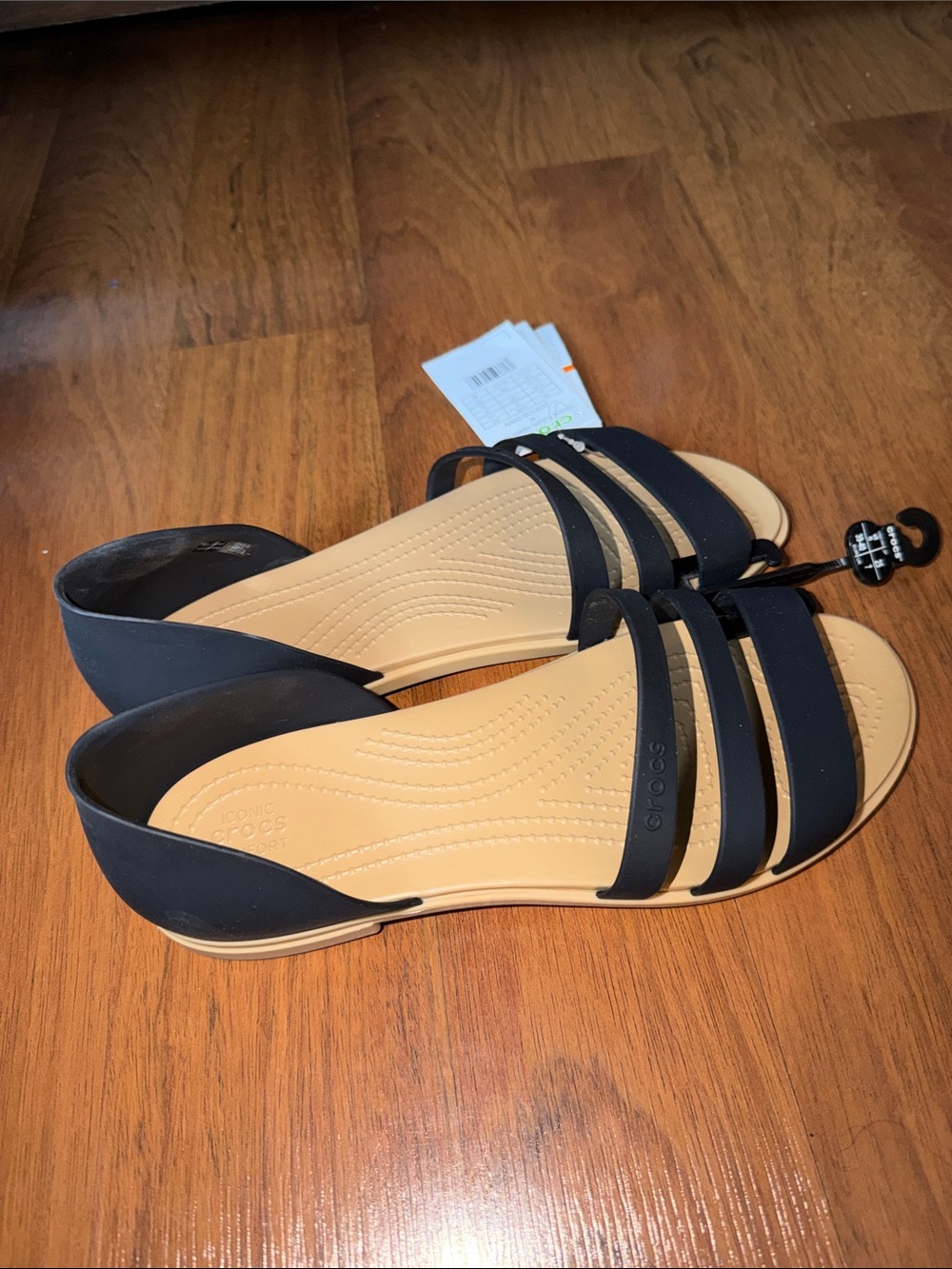 CROCS Women's Black Multi-Strap Sandal with Tan Footbed